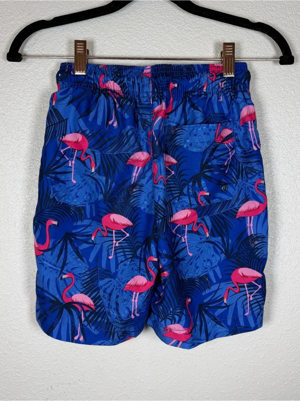 Boys M (7/8) Swim Trunk Rash Guard Set Vibrant Beach Summer Flamingo Blue Resort